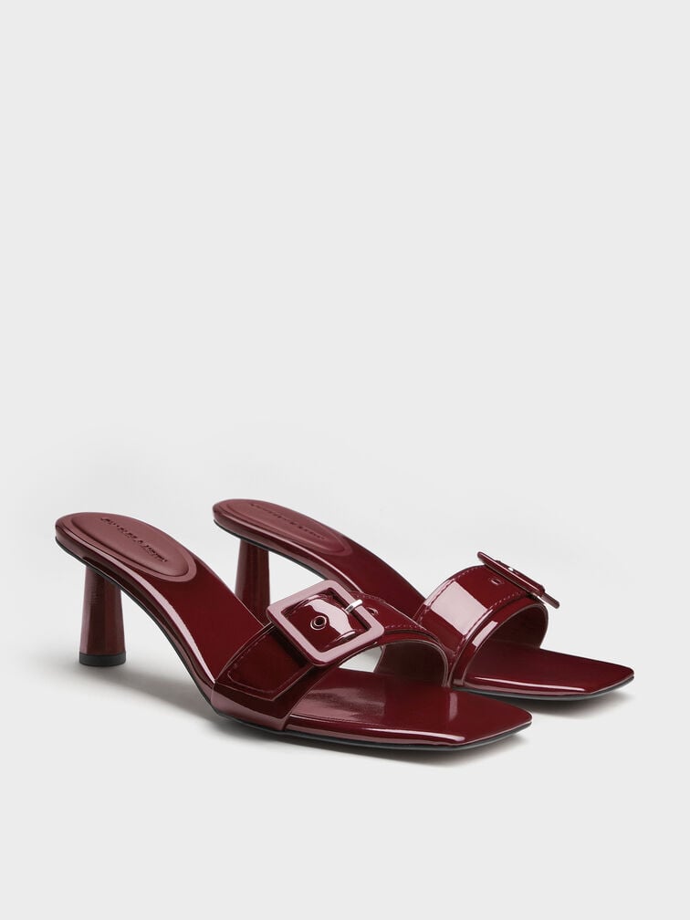 Patent Buckle-Strap Heeled Mules, Burgundy, hi-res