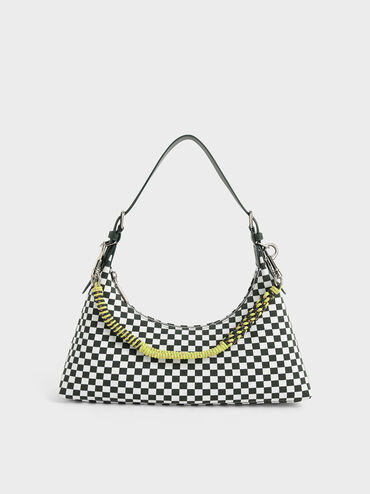 Coiled Handle Checkered Bag, Dark Green, hi-res