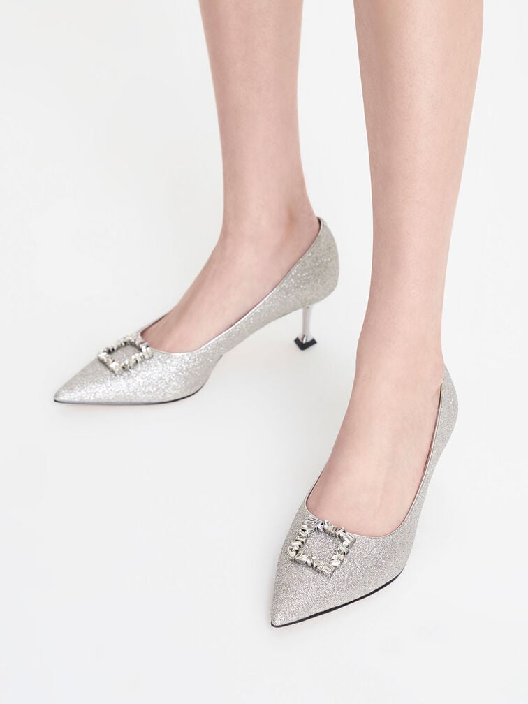 Glittered Gem-Embellished Kitten Heel Pumps, Silver, hi-res