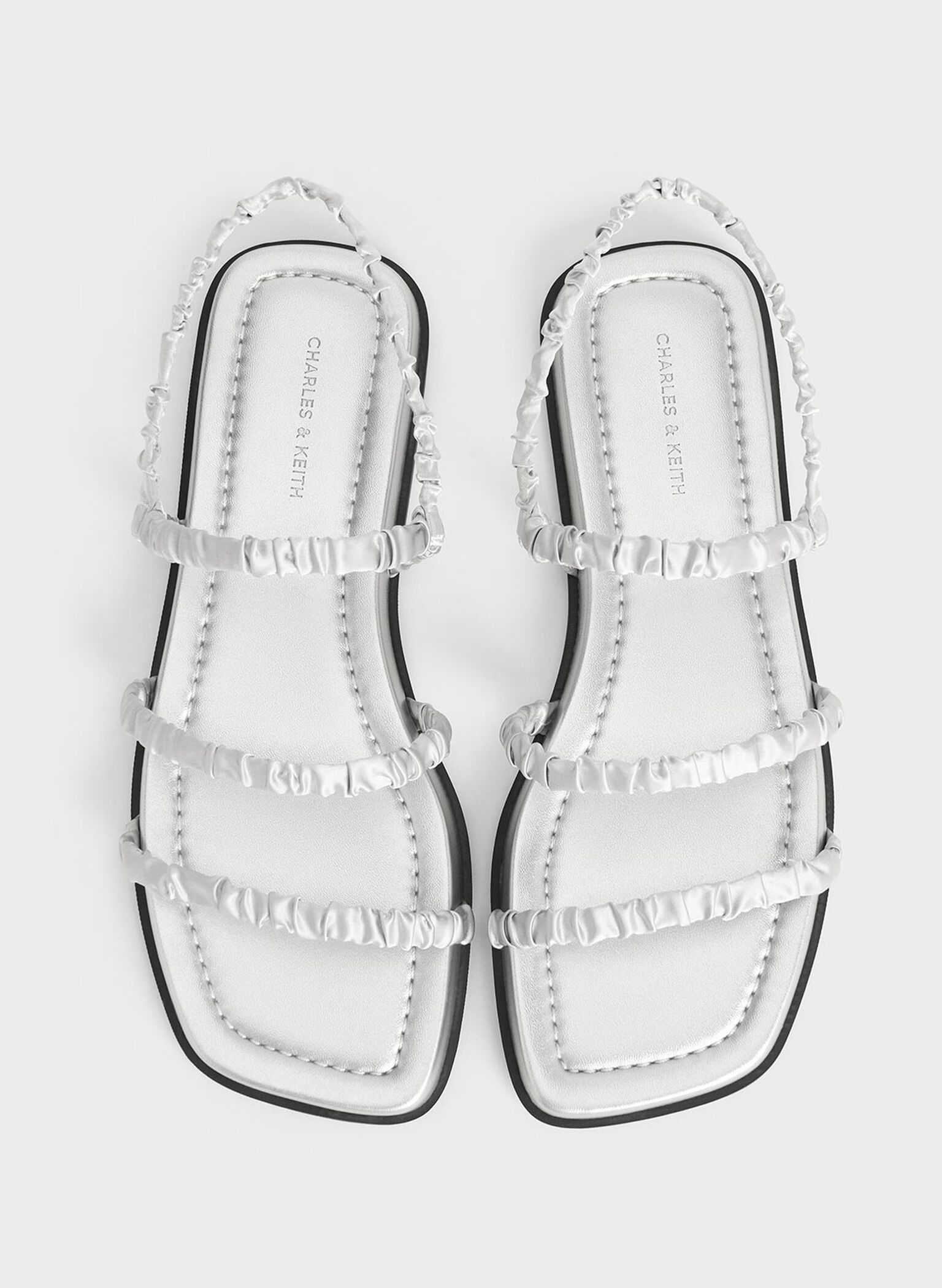 Recycled Polyester Ruched Strappy Sandals, Silver, hi-res