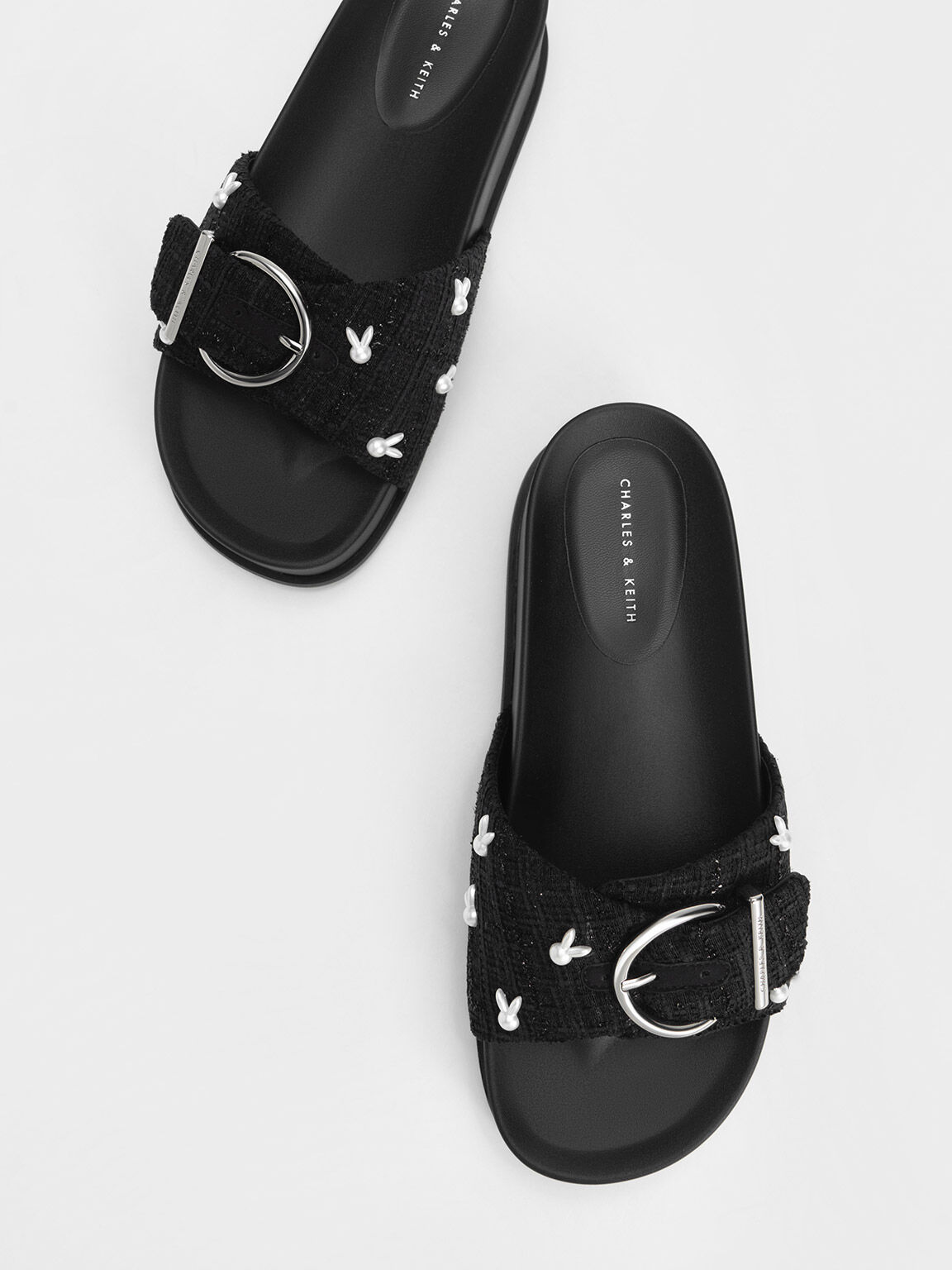 Bunny Tweed Buckled Slides, Black, hi-res