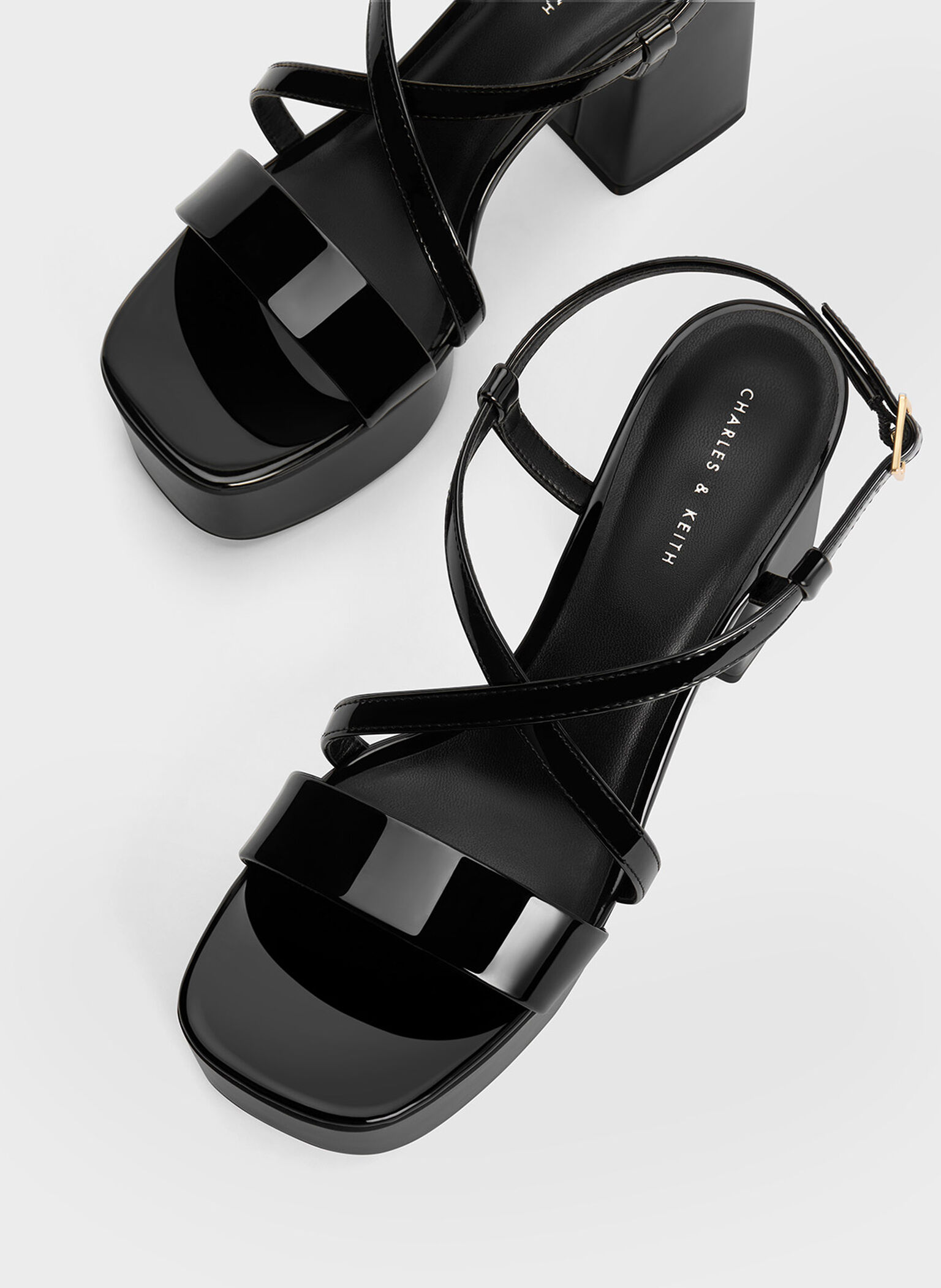 Black Patent Crossover Strap Platform Sandals - CHARLES & KEITH AU