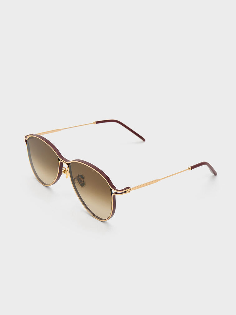 Metallic Accent Aviator Sunglasses, Burgundy, hi-res