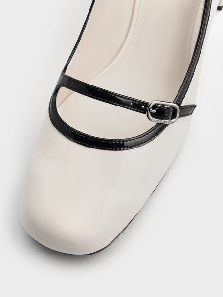 Patent Contrast-Trim Double-Strap Mary Jane Pumps, White, hi-res