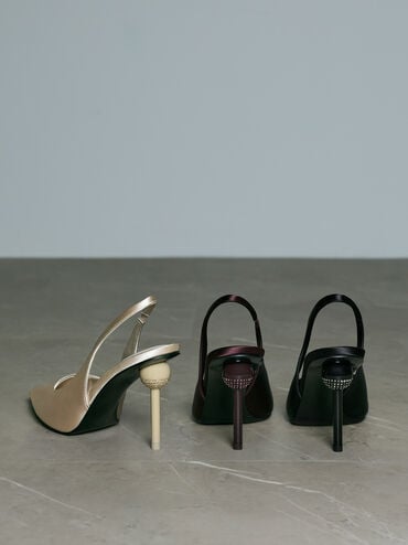 Satin Crystal-Embellished Ball-Heel Pointed-Toe Slingback Pumps, Gold, hi-res
