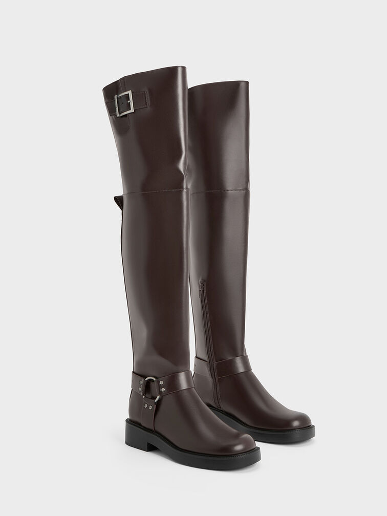 Dark Brown Davina Buckled Thigh-High Boots - CHARLES & KEITH US