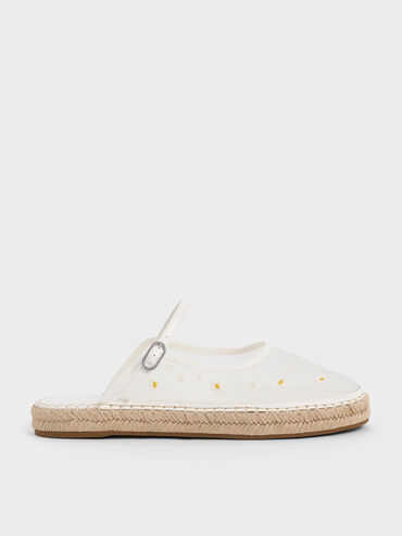 Mesh Embroidered-Flower Slip-On Mary Jane Espadrilles, Blanco, hi-res