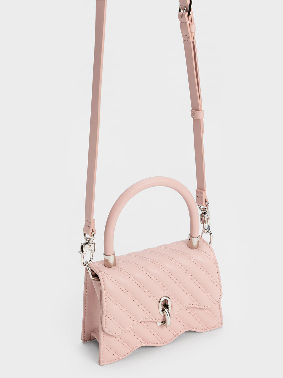 Freja Wavy Quilted Top Handle Bag, Light Pink, hi-res