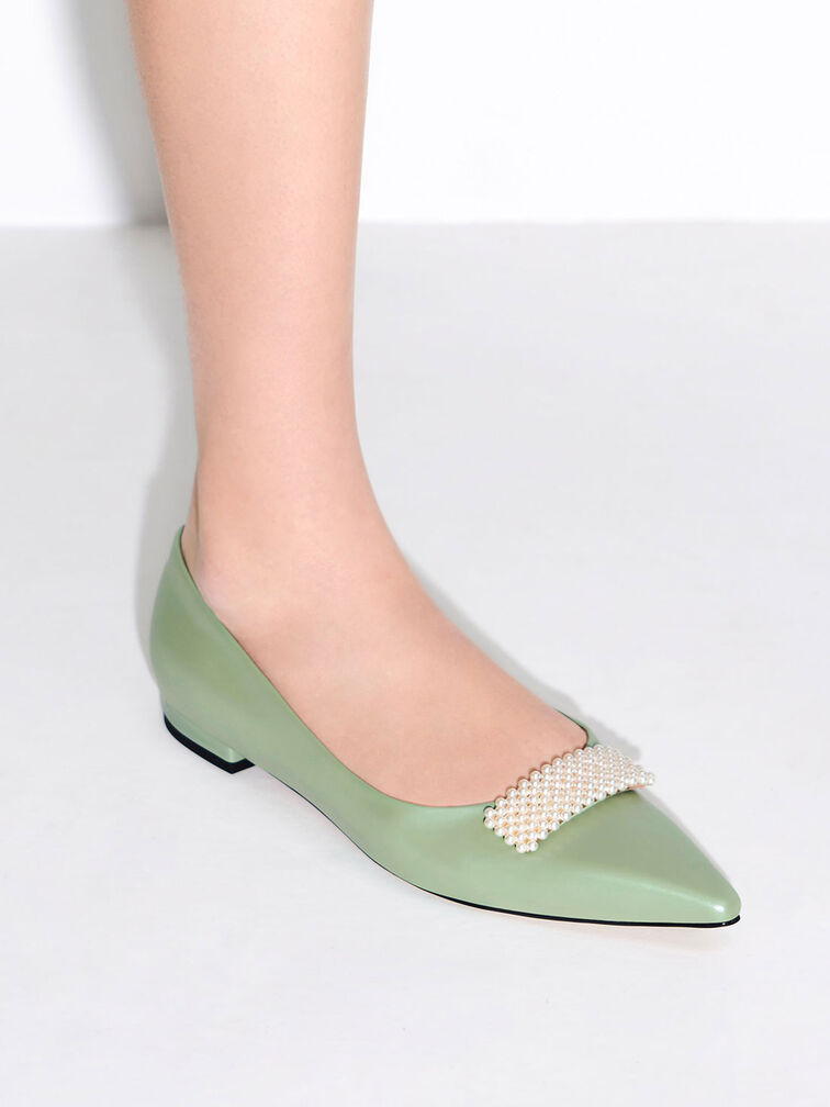 Leather Pointed-Toe Beaded Ballerinas, Green, hi-res