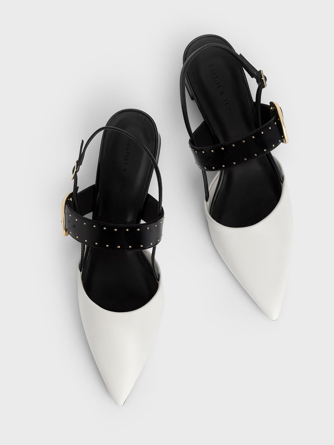 Studded Buckled Slingback Pumps, Chalk, hi-res