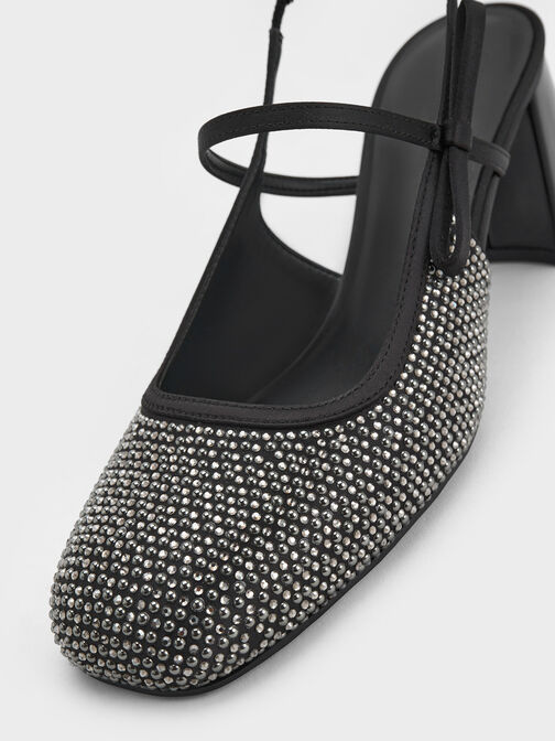 Merceditas de tacón slingback de satén con adornos de cristal, Negro texturizado, hi-res