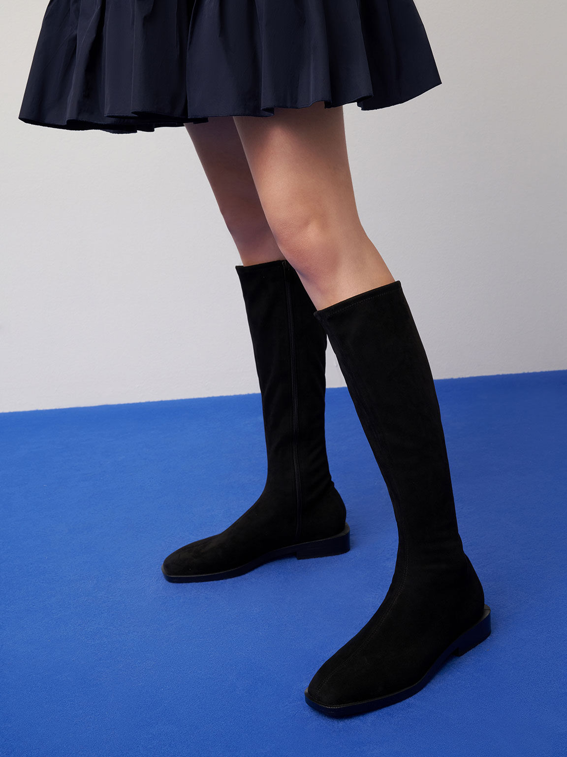 Textured Knee High Flat Boots, Black Textured, hi-res