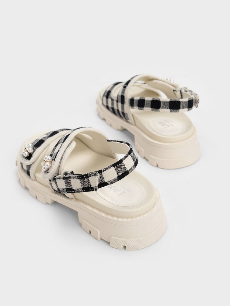 Girls' Floral Beaded Gingham Sports Sandals, Black, hi-res