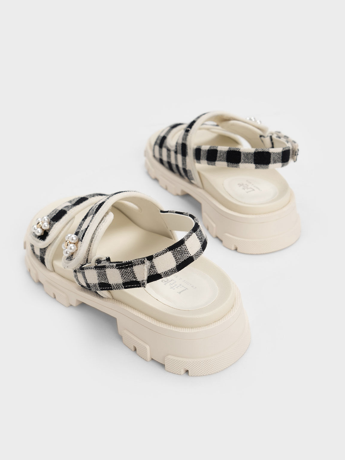 Girls' Floral Beaded Gingham Sports Sandals, Black, hi-res