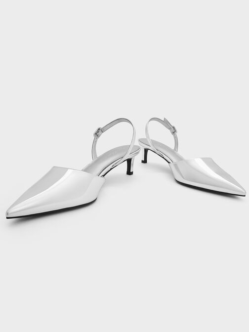Metallic Pointed-Toe Slingback Kitten Heels, Silver, hi-res