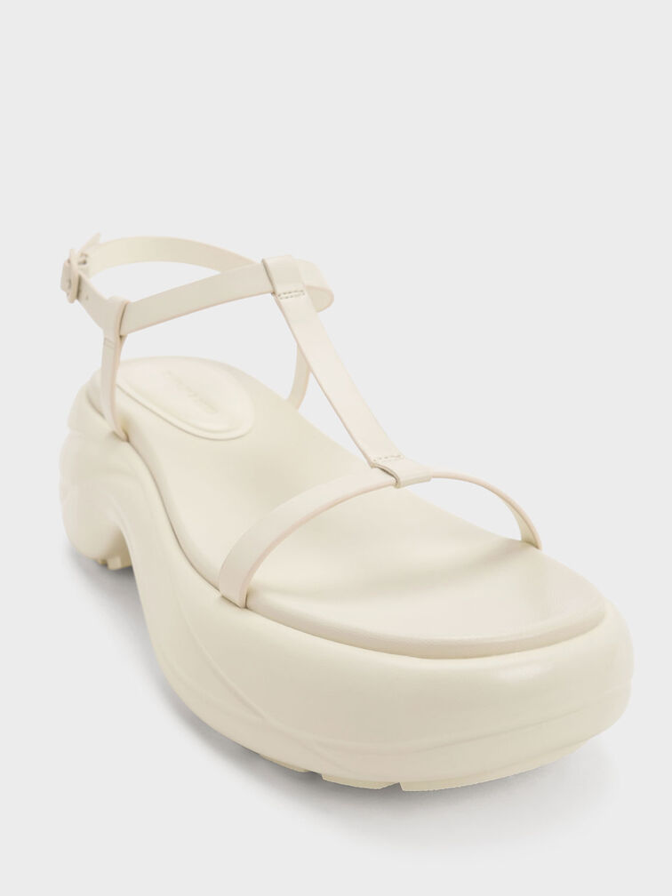 T-Bar Curved Platform Sports Sandals, Cream, hi-res