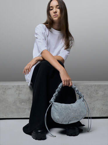Maisy Denim Ruched-Handle Hobo Bag, Denim Blue, hi-res
