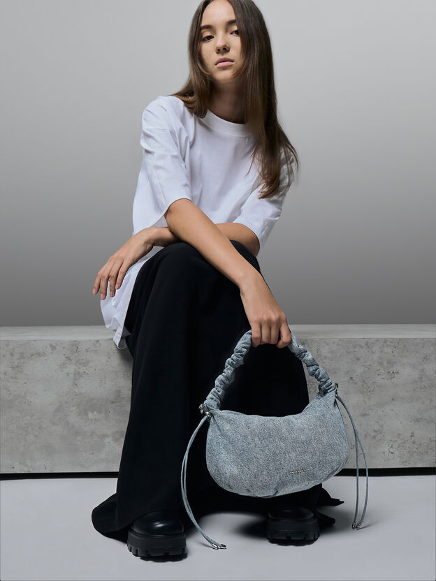 Maisy Denim Ruched-Handle Hobo Bag, Denim Blue, hi-res