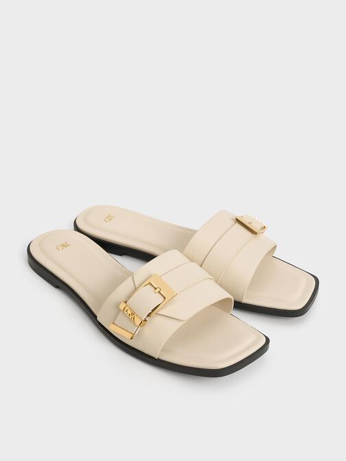 Leather Buckled Square-Toe Slide Sandals, Chalk, hi-res