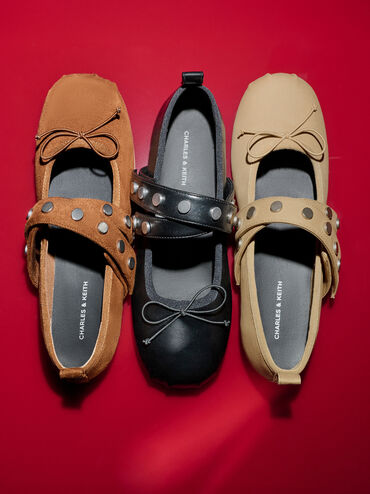 Gael Faux Suede Studded Crossover-Strap Bow Mary Janes, Brown, hi-res