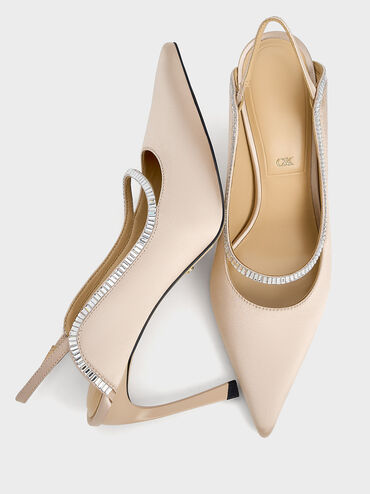 Recycled Polyester Crystal-Embellished Pointed-Toe Slingback Pumps, Champagne, hi-res