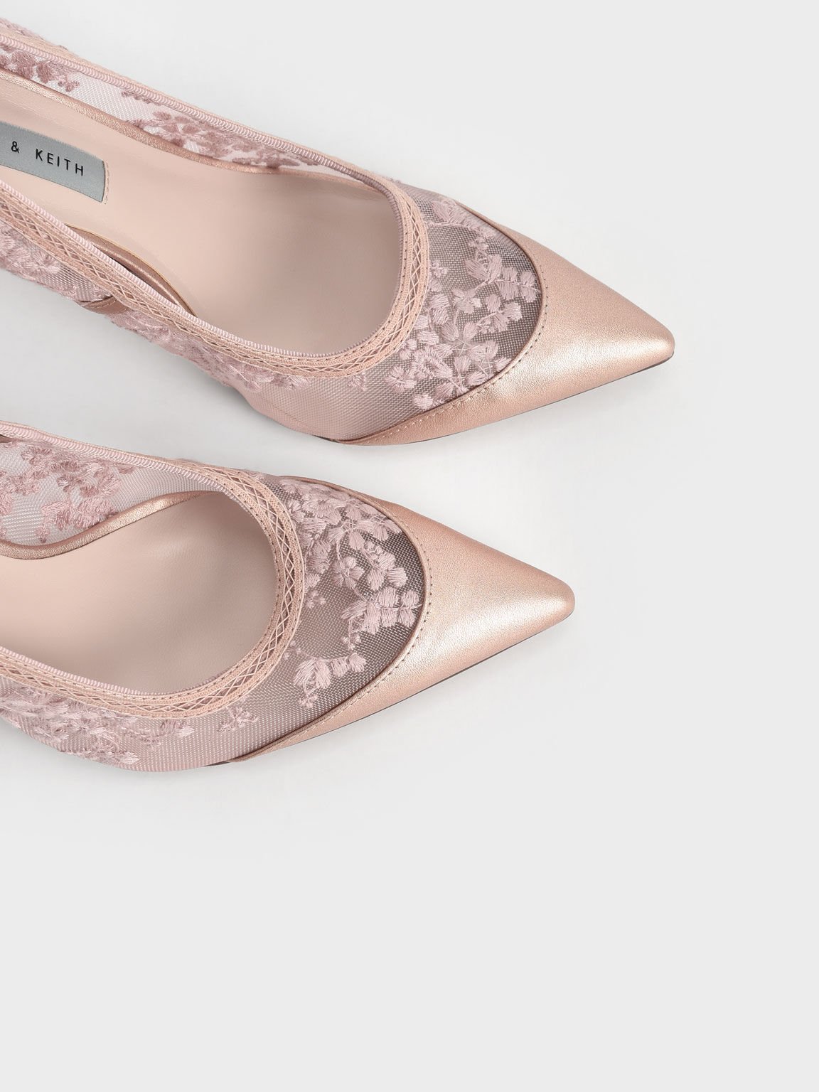 Embroidered Mesh Pointed Pumps, Rose Gold, hi-res