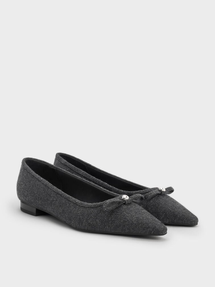 Felt Bow Metallic-Accent Pointed-Toe Ballet Flats, Dark Grey, hi-res