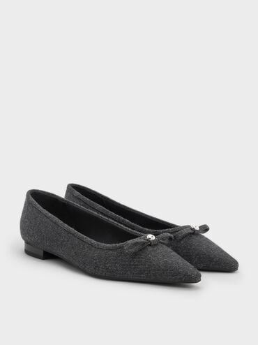 Felt Bow Metallic-Accent Pointed-Toe Ballet Flats, Dark Grey, hi-res