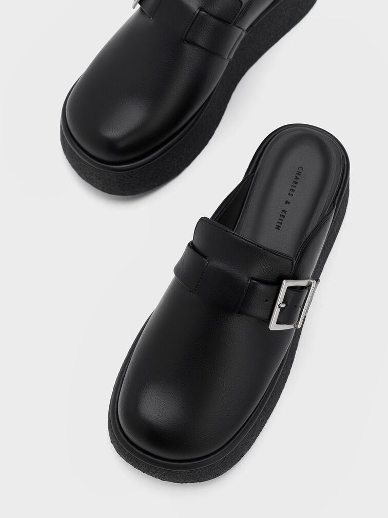 Buckled Flatform Mules, Black, hi-res