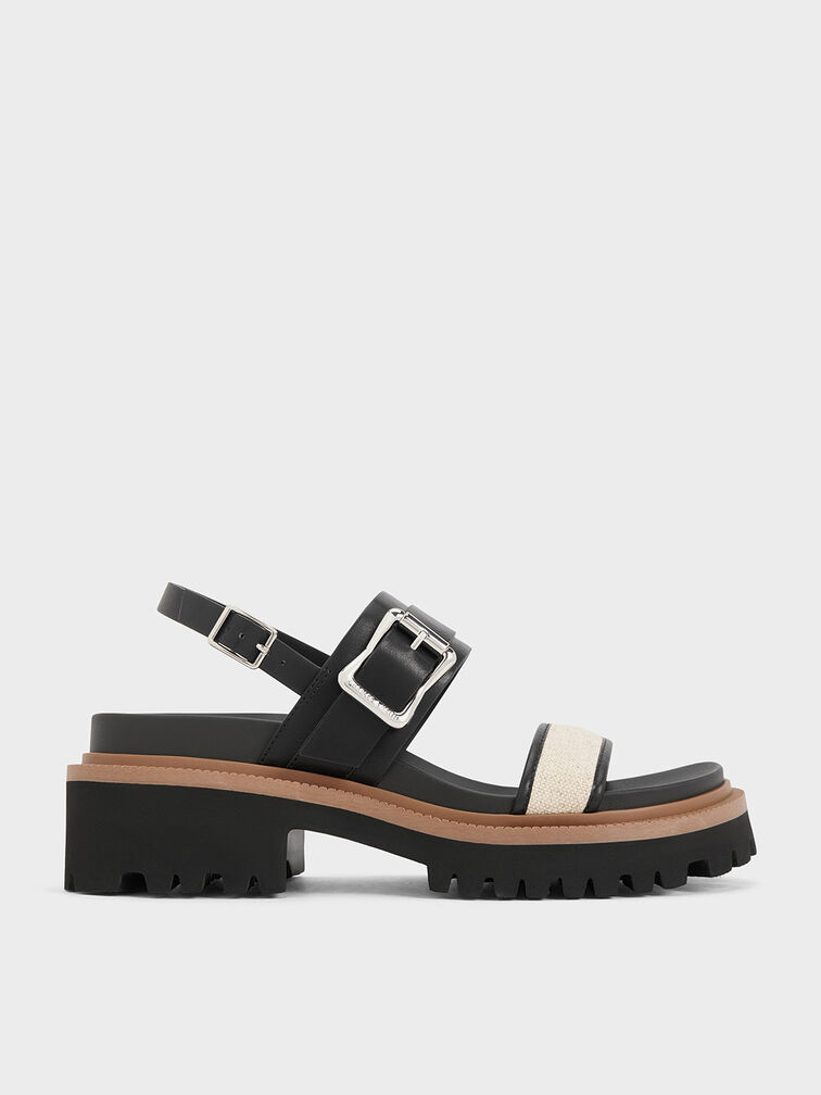 Buckled Platform Slingback Sandals, Black, hi-res