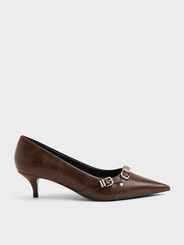 Aira Buckled-Strap Kitten Heels, Dark Brown, hi-res