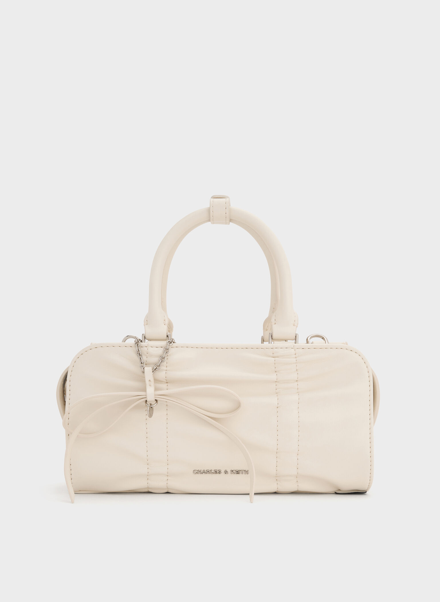Kadee Ruched Bow-Charm Bowling Bag, Cream, hi-res