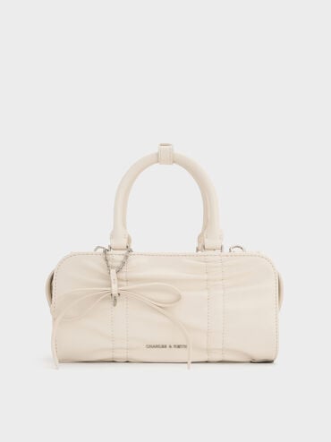 Kadee Ruched Bow-Charm Bowling Bag, Cream, hi-res
