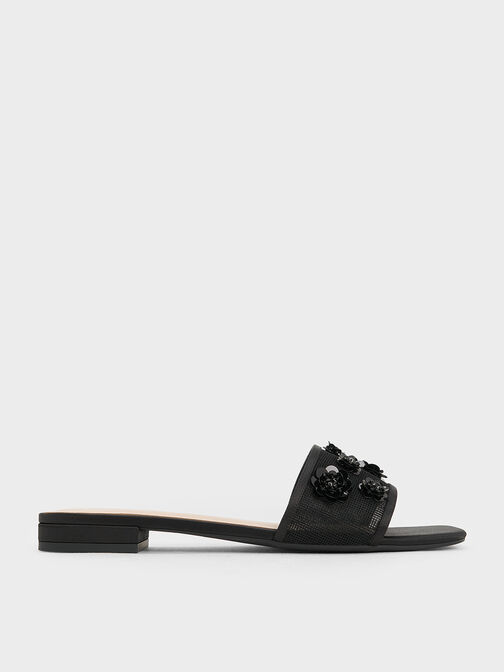 Sandalias de malla y satén con lentejuelas y flores, Negro texturizado, hi-res