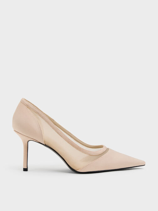 Faux Suede & Mesh Pointed Pumps, Beige, hi-res