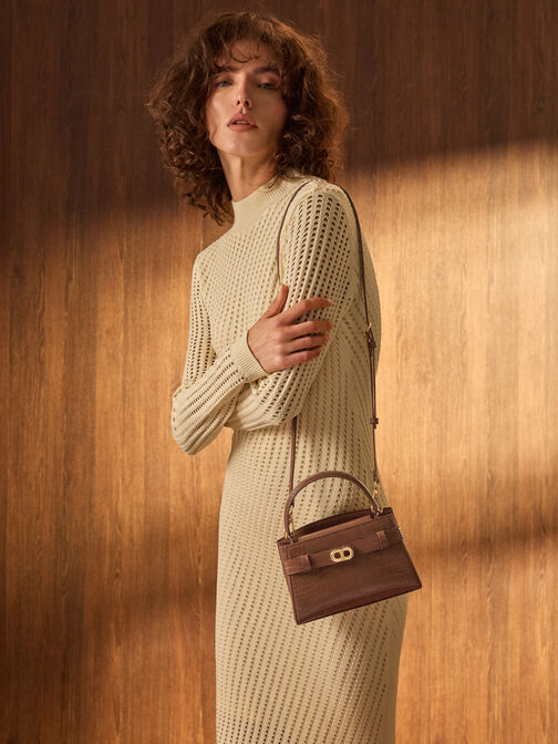 Aubrielle Croc-Effect Top Handle Bag, Chocolate Croco, hi-res