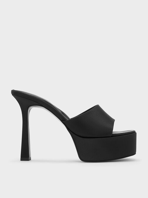 Satin High-Heel Platform Mules, Black Textured, hi-res