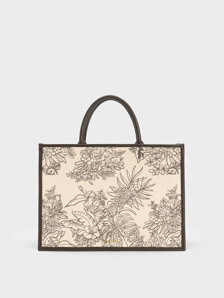 Floral Illustrated Canvas Tote Bag, Dark Moss, hi-res