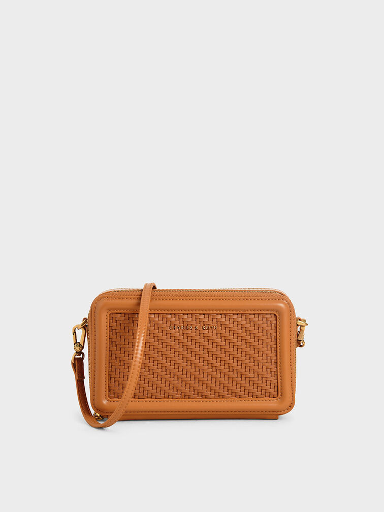 Woven Zip Around Wallet, Cognac, hi-res