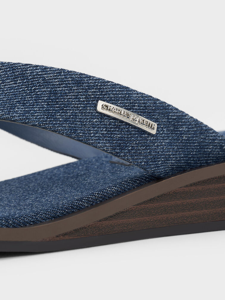 Denim V-Strap Wedge Thong Sandals, Denim Blue, hi-res
