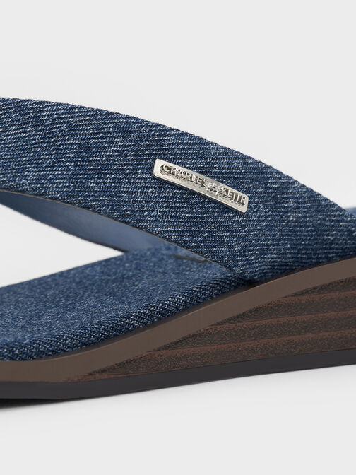 Denim V-Strap Wedge Thong Sandals, Denim Blue, hi-res