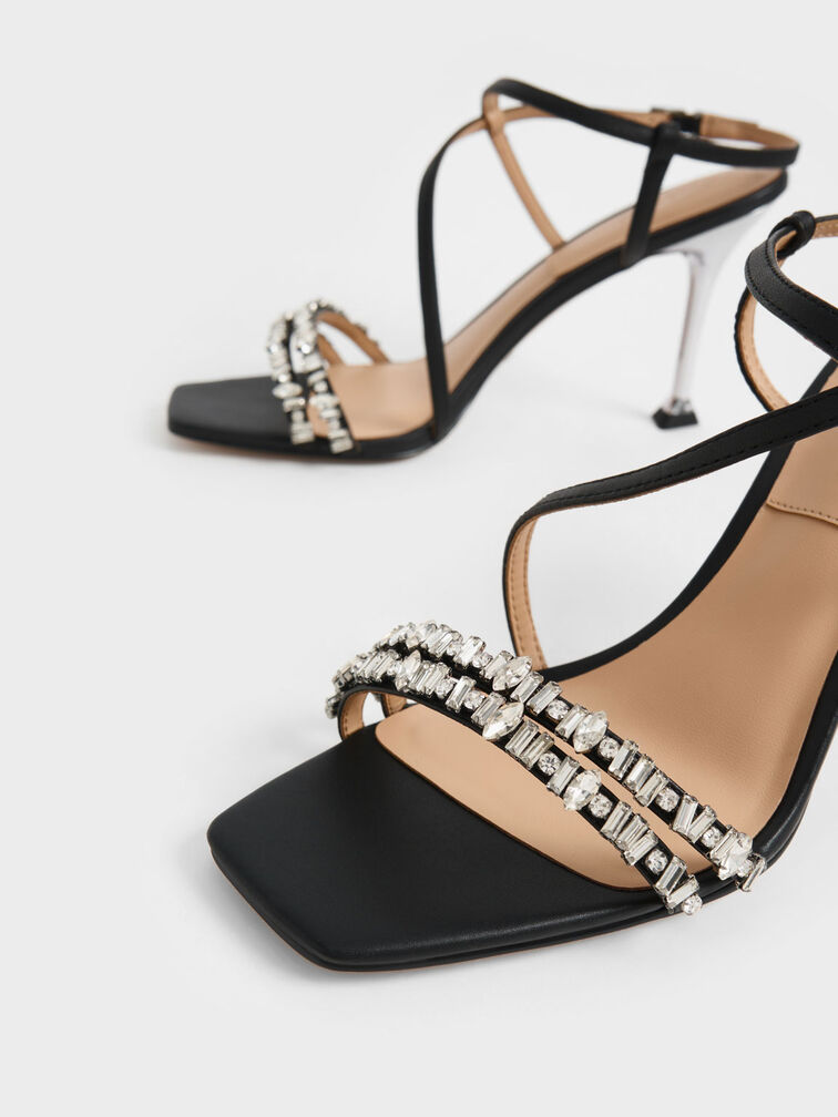 Leather Gem-Embellished Strappy Sandals, Black, hi-res