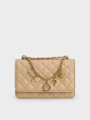 Charm-Embellished Quilted Clutch, Nude, hi-res