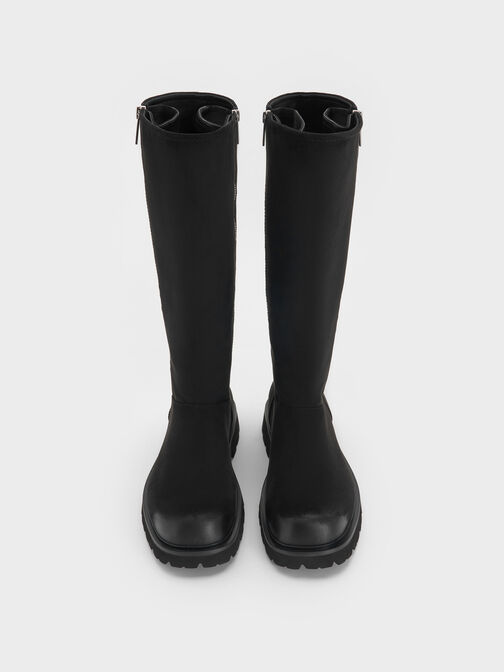 Rosamond Faux Suede Side-Zip Ridged-Sole Knee-High Boots, Black Textured, hi-res