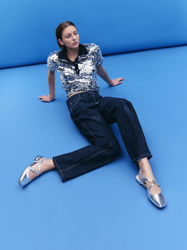 Metallic Crossover Buckled Slingback Flats, Silver, hi-res