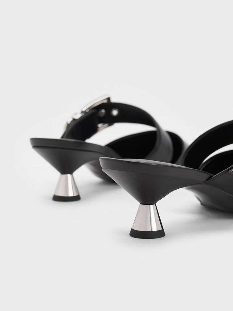 Asymmetric Buckle Heeled Mules, Black, hi-res