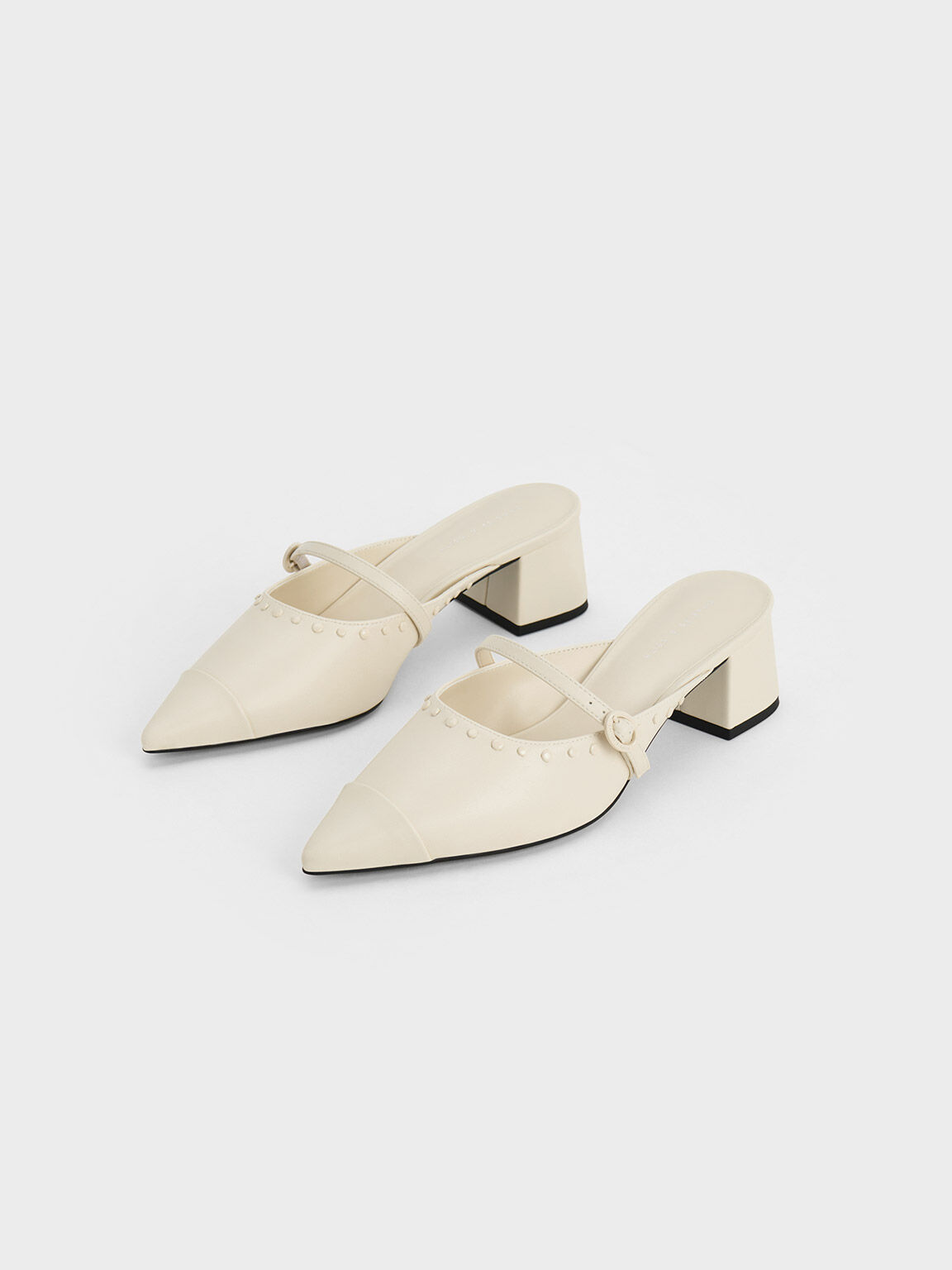 Studded Pointed Toe Block Heel Mules Chalk