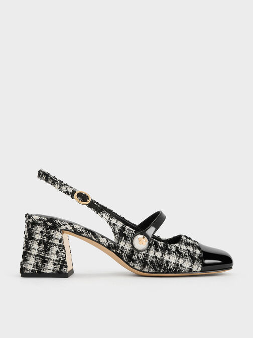 Tweed Pearl Embellished Trapeze-Heel Slingback Pumps, Black Textured, hi-res