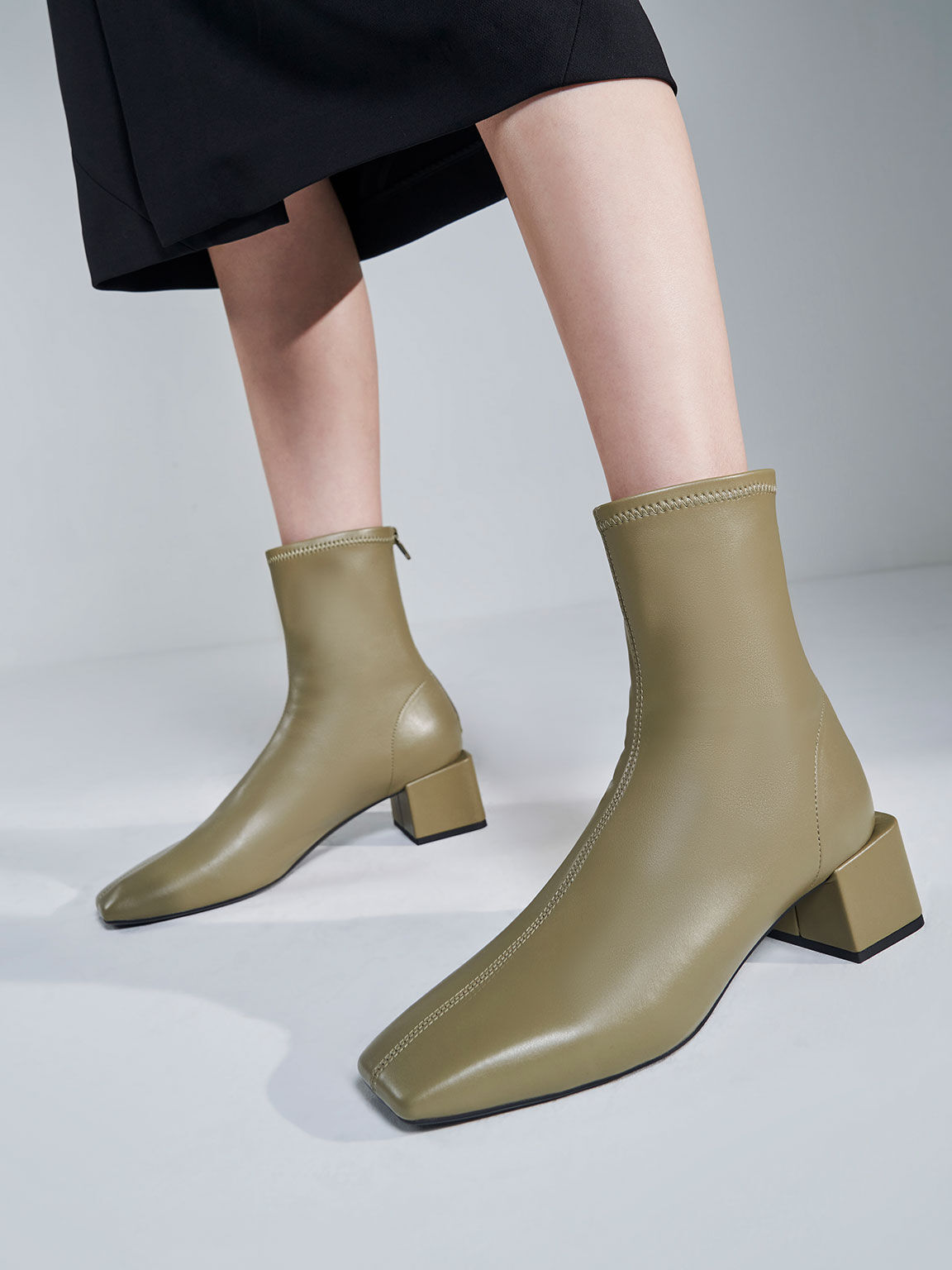Block Heel Zip-Up Ankle Boots, Olive, hi-res