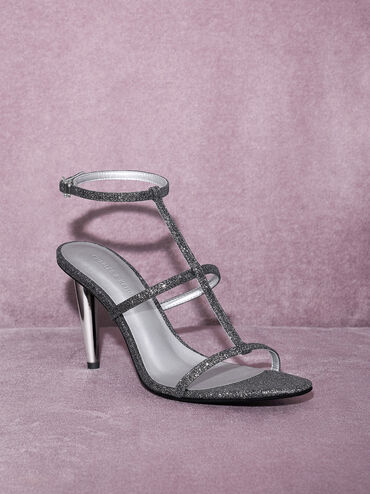 Glittered T-Bar Ankle-Strap Sandals, Black Textured, hi-res